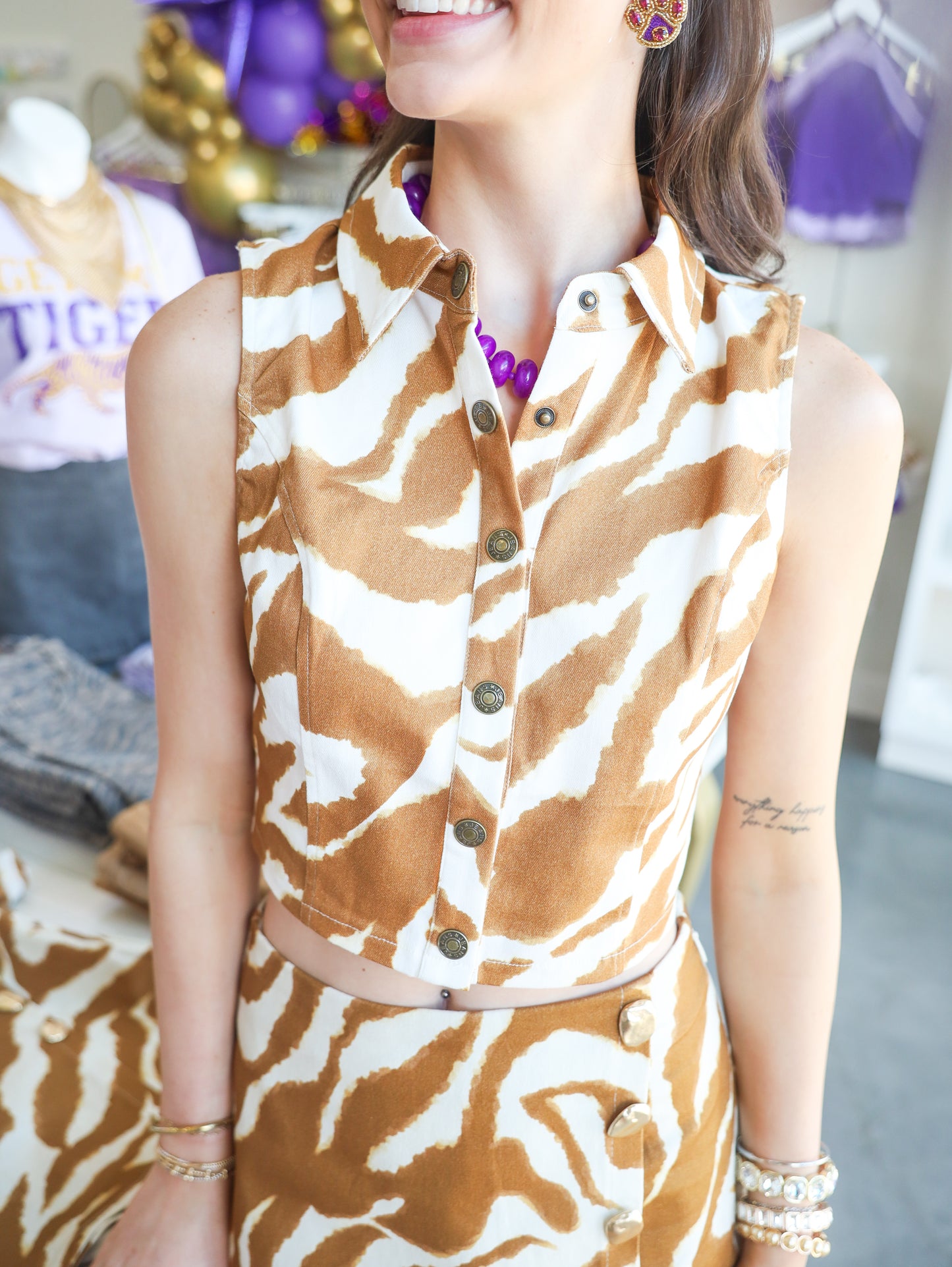 Ember Tiger Print Button Down Top