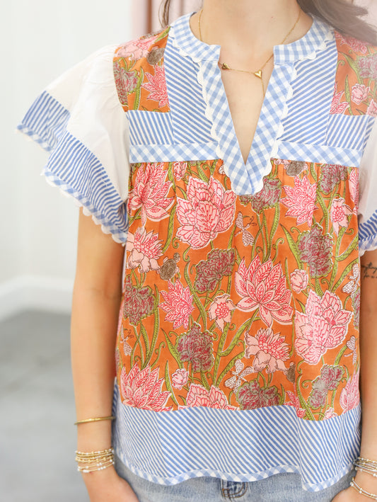 Luna Flowy Sleeve Mixed Print Top