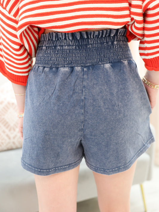 Smocked Waist Mineral Wash Shorts