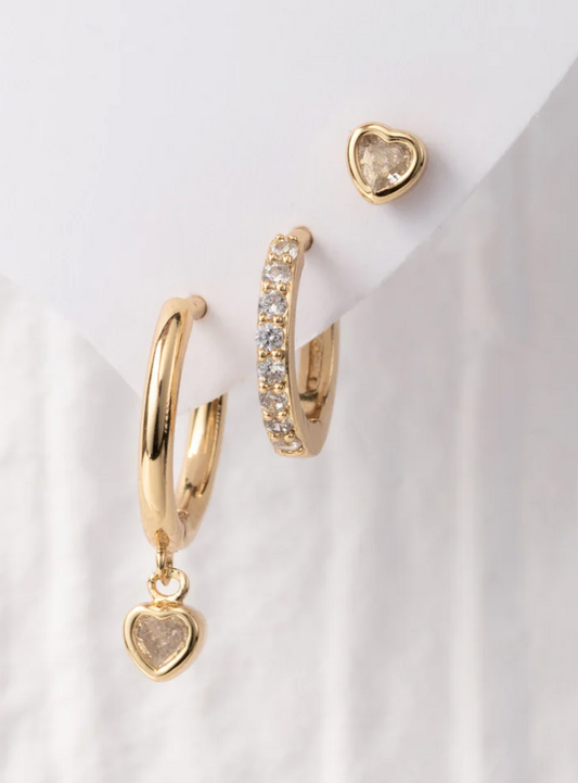 gold earrings, gold earring set, heart earrings, heart earring set, gold heart earrings, girly earrings