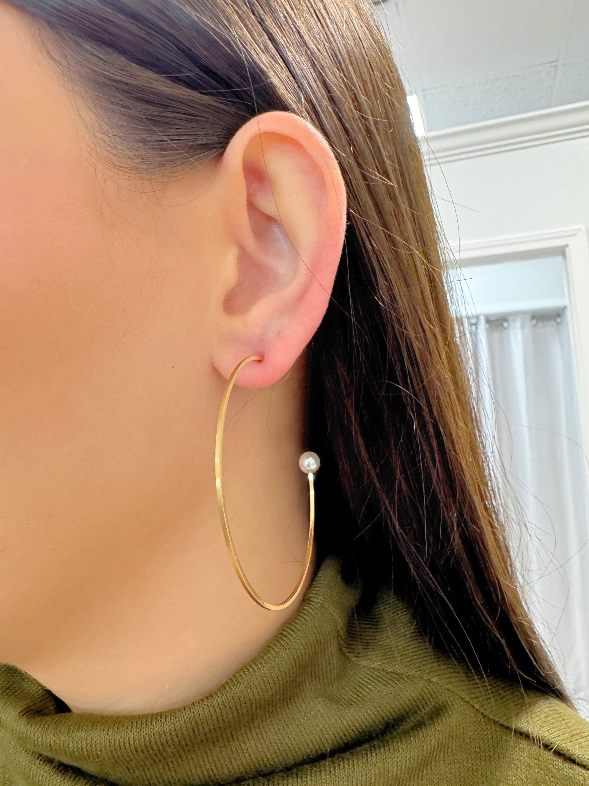 Gold earrings, dramatic hoop, pearl hoop, pearl and gold hoops