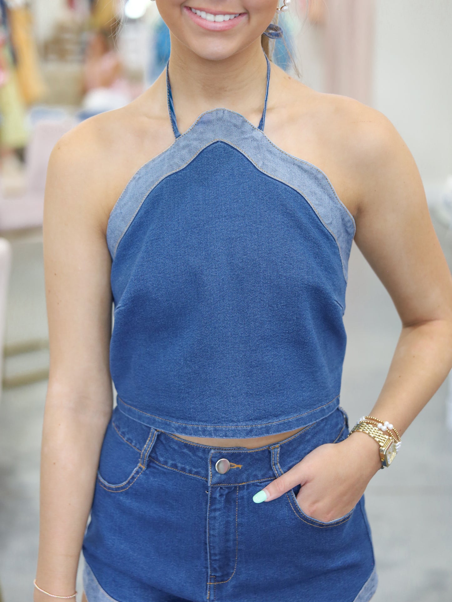 Saige Denim Halter Top & Shorts Set