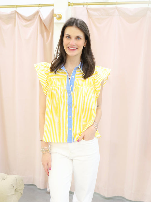 Maggie Striped Contrast Collar Ruffle Sleeve Top
