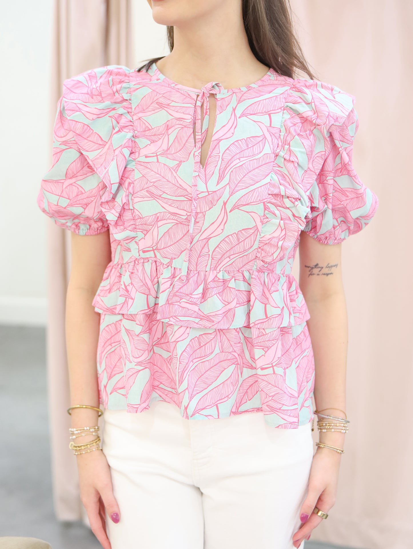 Lainey Tropical Print Ruffle Sleeve Top