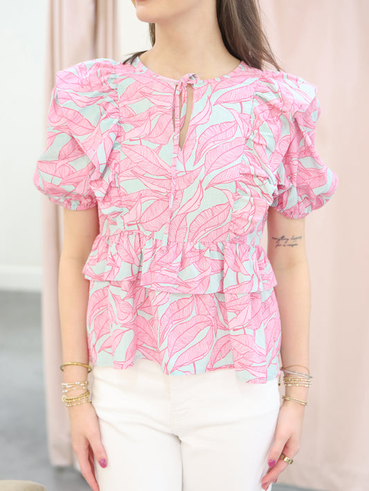 Lainey Tropical Print Ruffle Sleeve Top