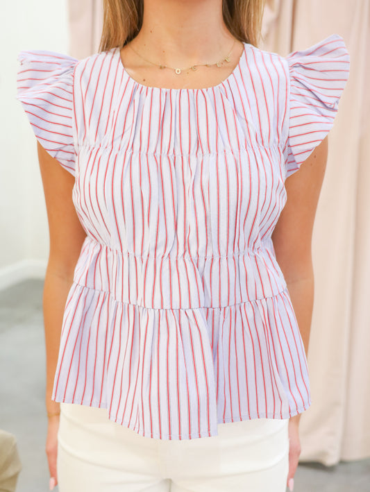 Jill Ruffle Sleeve Smocked Striped Top