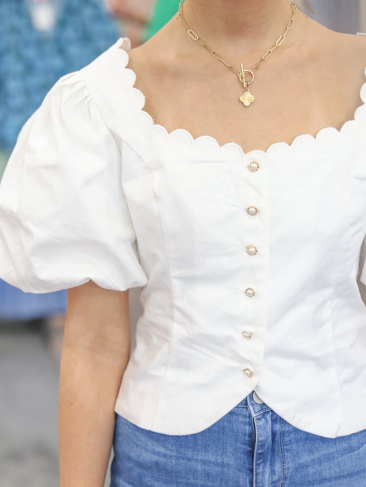 Polly Puff Sleeve Pearl Button Blouse