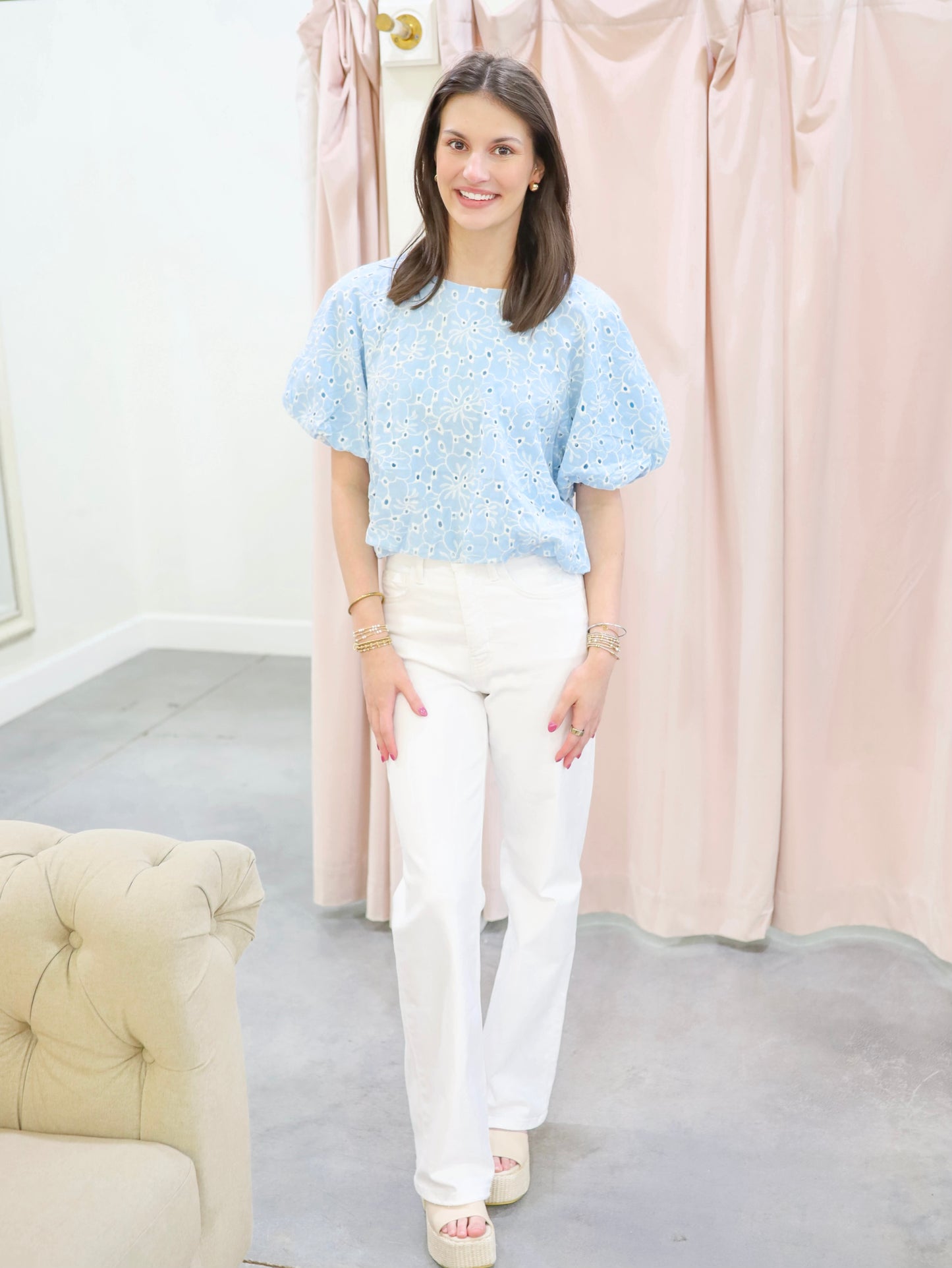 Mia Eyelet Bubble Sleeve Blouse