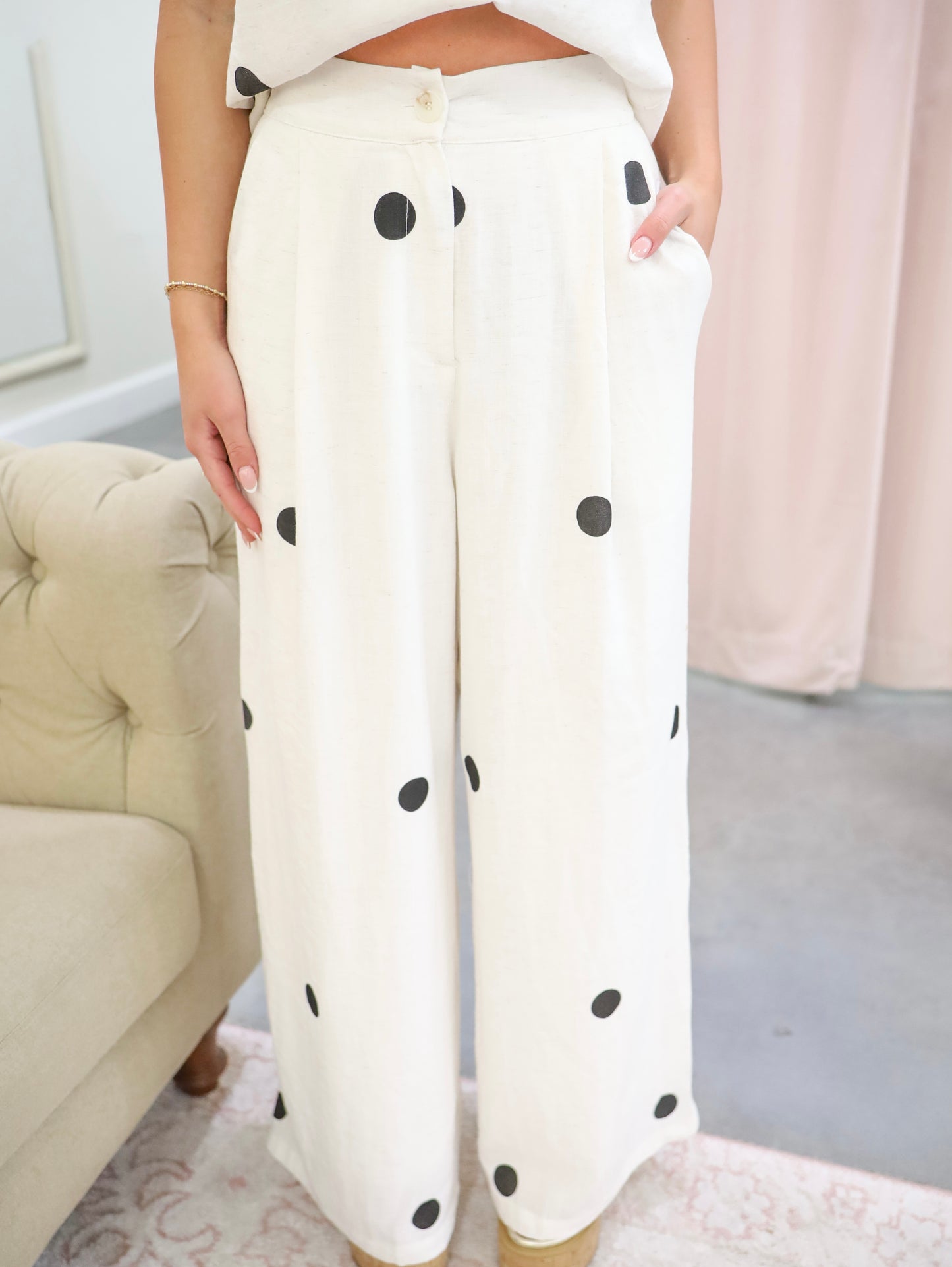 Polka Dot Strapless Flare Top & Wide Leg Pants Set