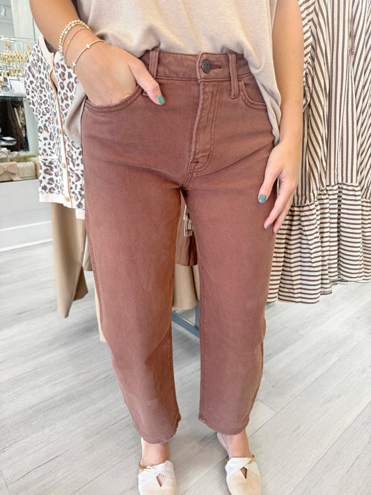 womens barrel jeans, brown barrel jeans, slim barrel jeans, boutique barrel jeans, stretchy barrel jeans, comfortable jeans, high rise barrel jeans