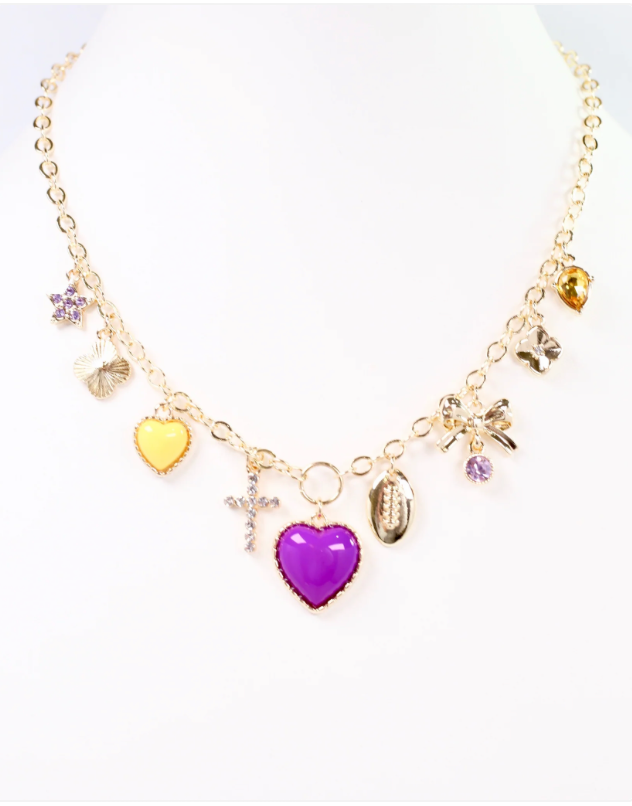 charm necklaces, womens charm necklaces, purple and gold charm necklaces, chunky necklaces, game day necklaces 