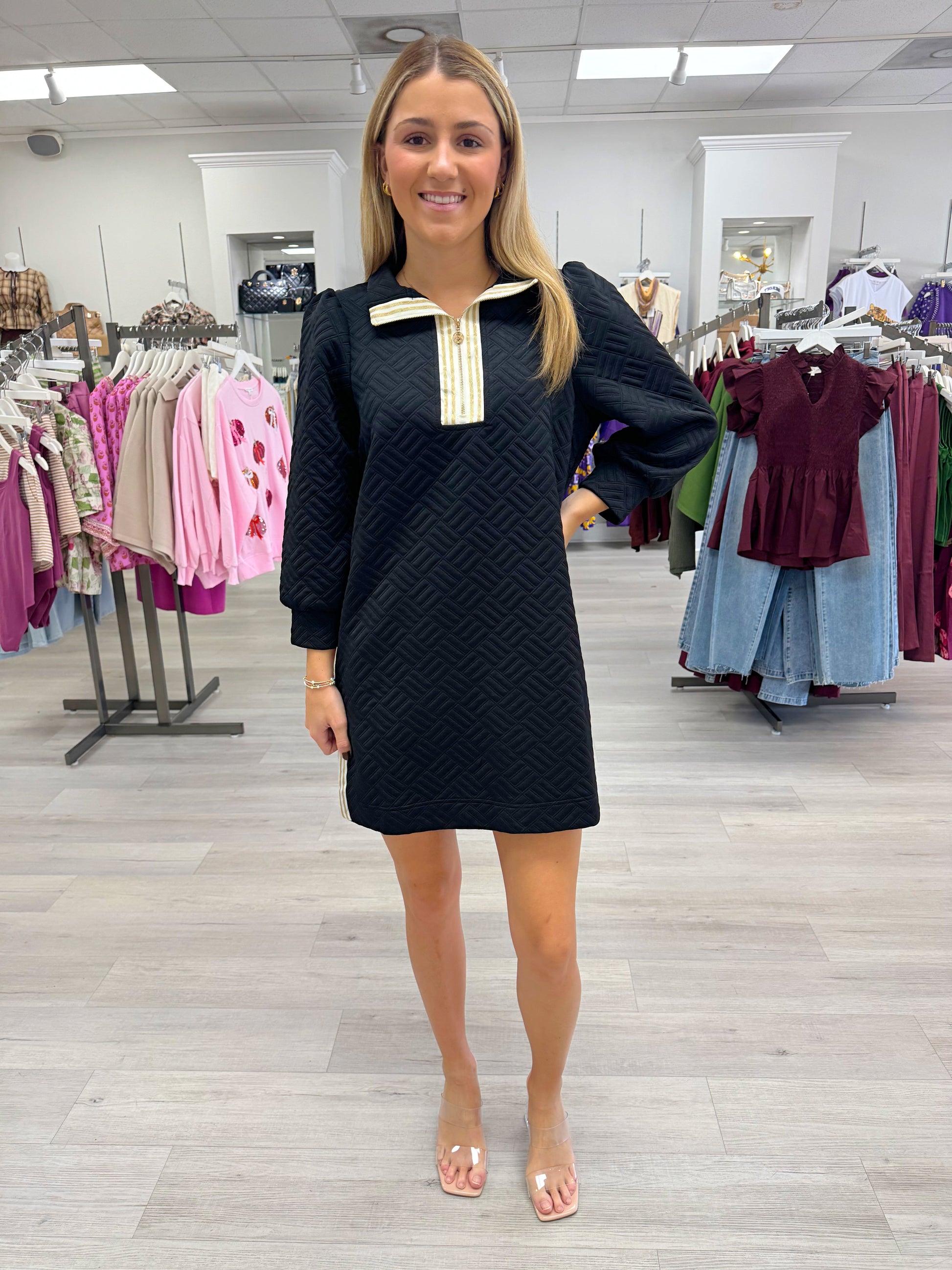 Women's dress, textured knit dress, comfortable dress, Mary square dress, long sleeve dress