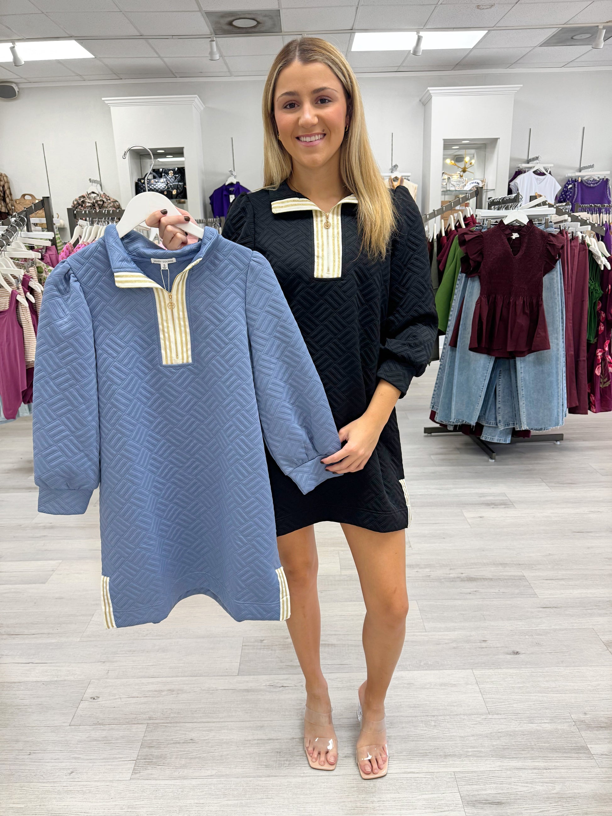 Women's dress, textured knit dress, comfortable dress, Mary square dress, long sleeve dress