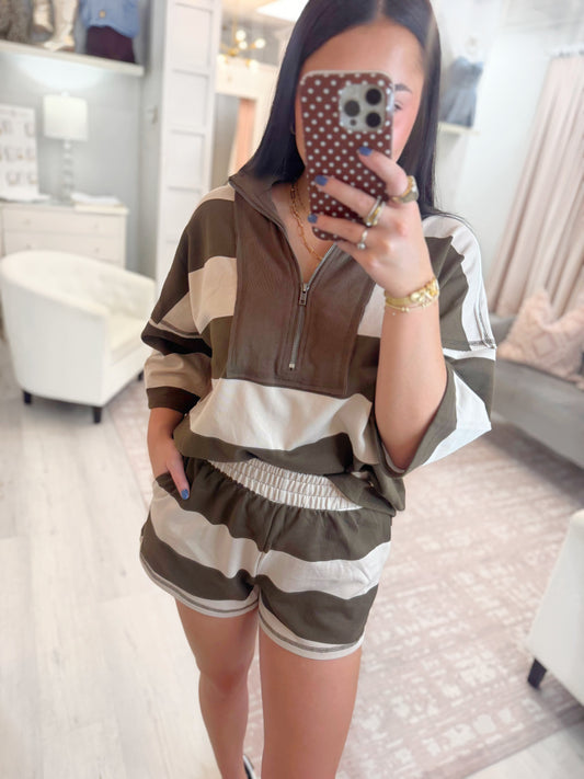 relaxed set, striped set, woman's set, fall set, comfy set, brown striped set, oversized top with shorts set, running errands set
