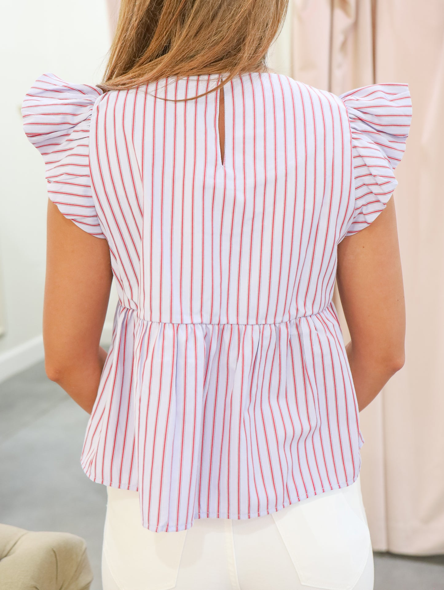 Jill Ruffle Sleeve Smocked Striped Top