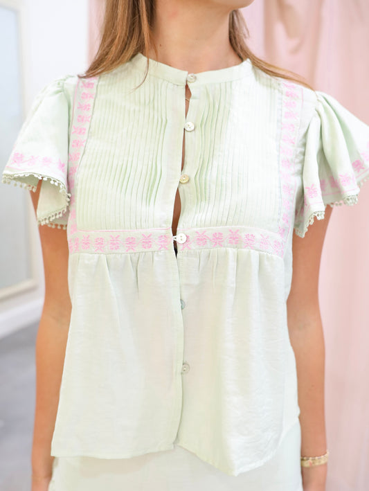 Cherie Embroidered Ruffle Trim Blouse
