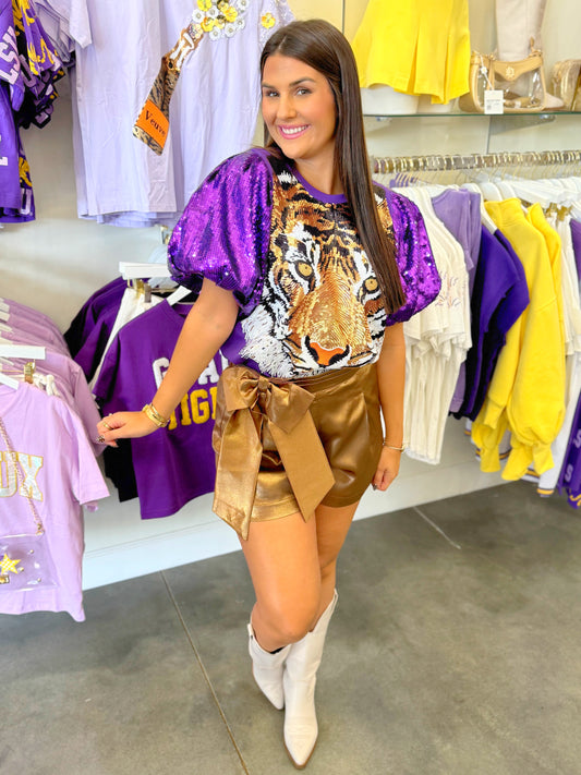 Sequin Puff Sleeve Tiger Top