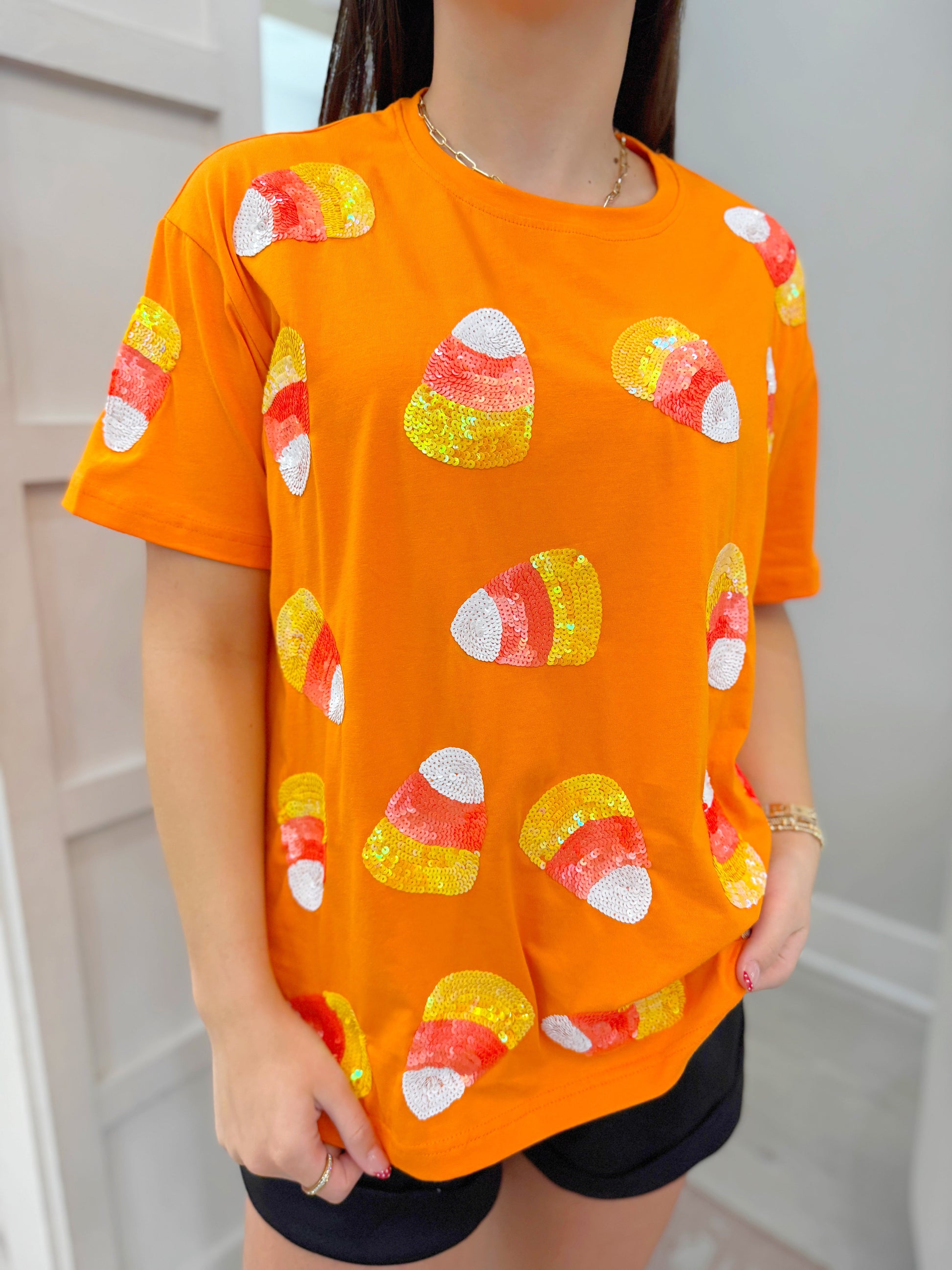 halloween tee, candy corn tee, sequin tee, sequin halloween tee