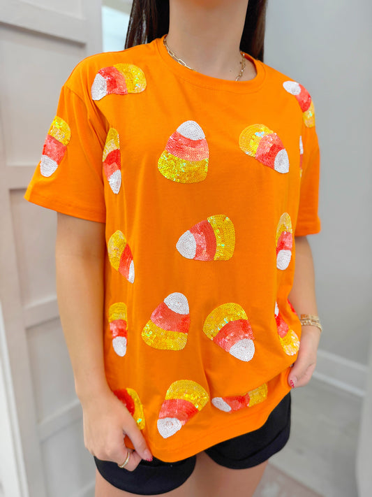 halloween tee, candy corn tee, sequin tee, sequin halloween tee