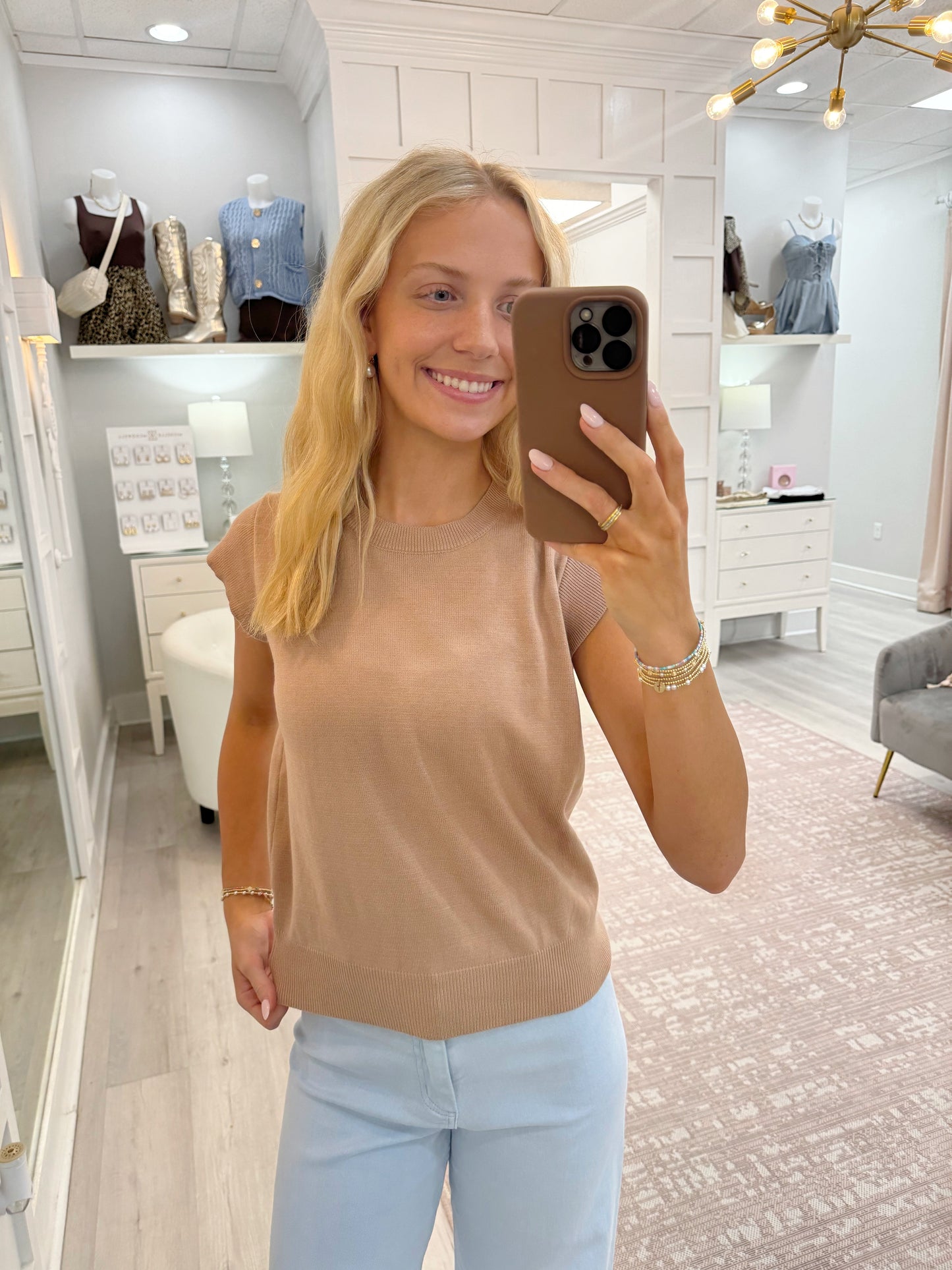 Womens sweater, cap sleeve sweater, neutral sweater top, sweater top, pixi and ivy top, perfect top to pair with jeans or leggings, boutique top, sleeveless sweater