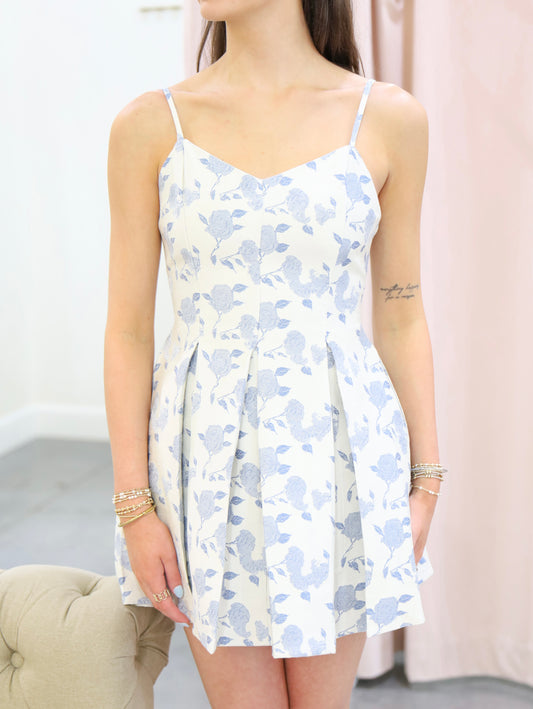 Emily Floral Jacquard Pleated Mini Dress