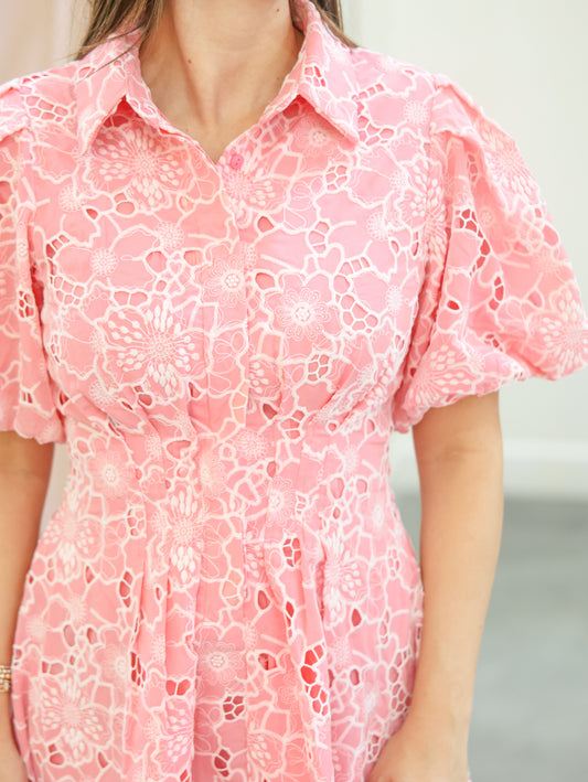 Rose Eyelet Puff Sleeve Dress