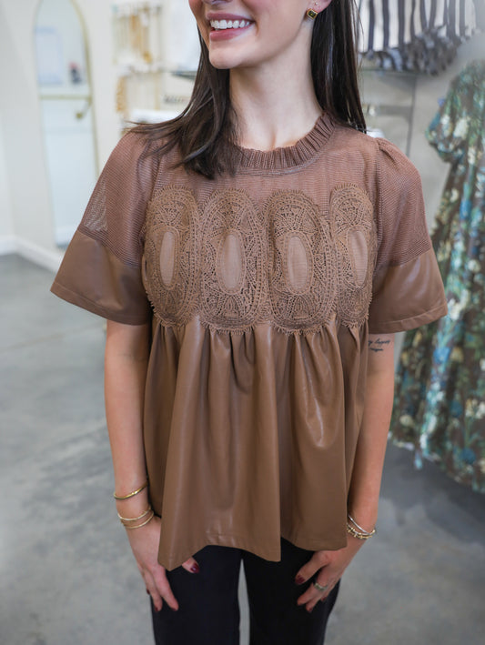 Lillian Lace Overlay Faux Leather Babydoll Top