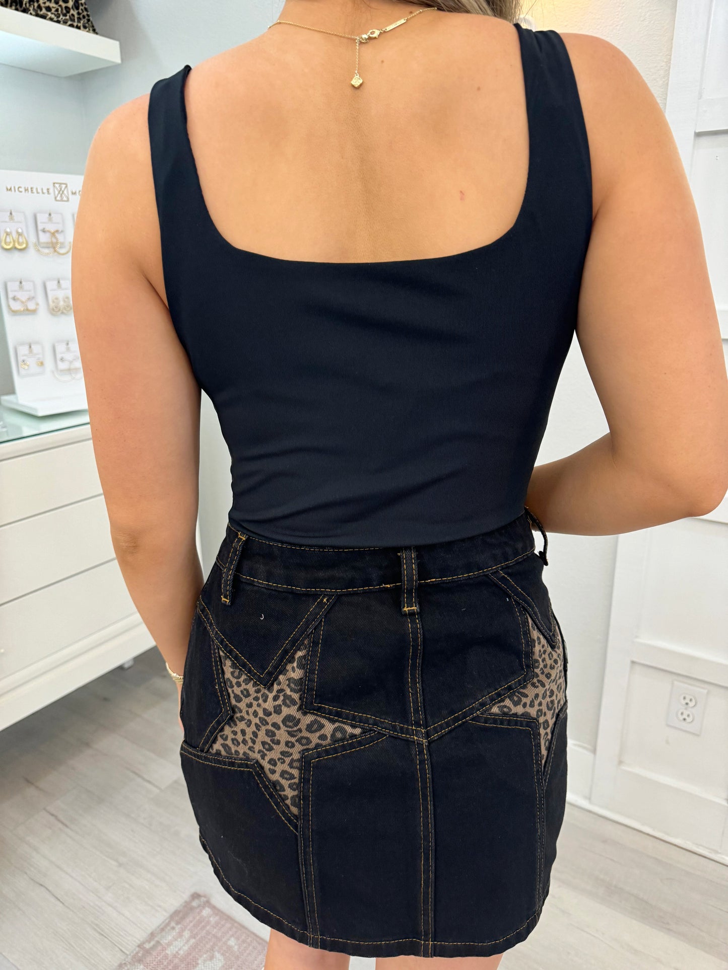 Trendy skirt, country concert skirt, denim skirt, leopard skirt, high rise skirt, concert skirt, star skirt, leopard stars on skirt, LE LIS skirt, black denim skirt