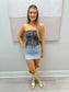 Women's tops, strapless tops, boots on the bayou tops, denim tops, flattering top, strapless denim top, women's strapless denim top, button down strapless denim top, women's flared out top