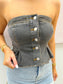 Women's tops, strapless tops, boots on the bayou tops, denim tops, flattering top, strapless denim top, women's strapless denim top, button down strapless denim top, women's flared out top