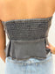 Women's tops, strapless tops, boots on the bayou tops, denim tops, flattering top, strapless denim top, women's strapless denim top, button down strapless denim top, women's flared out top
