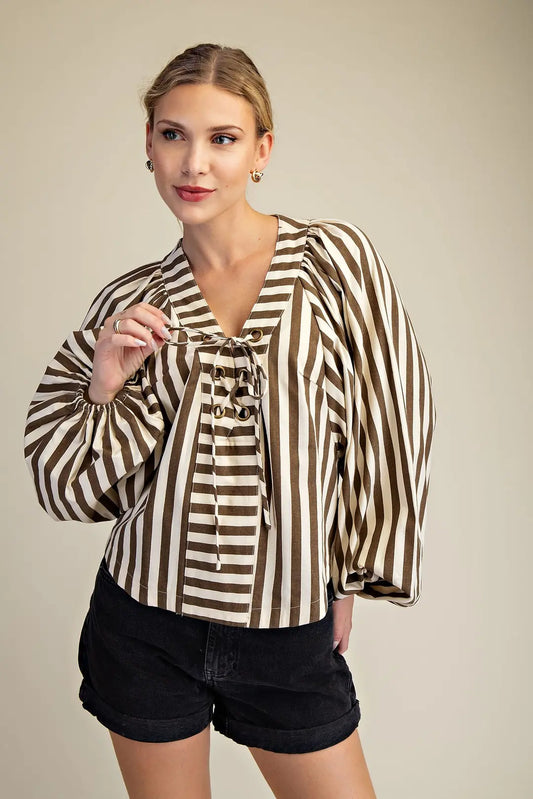 striped top, blouse, fall top, lace up top