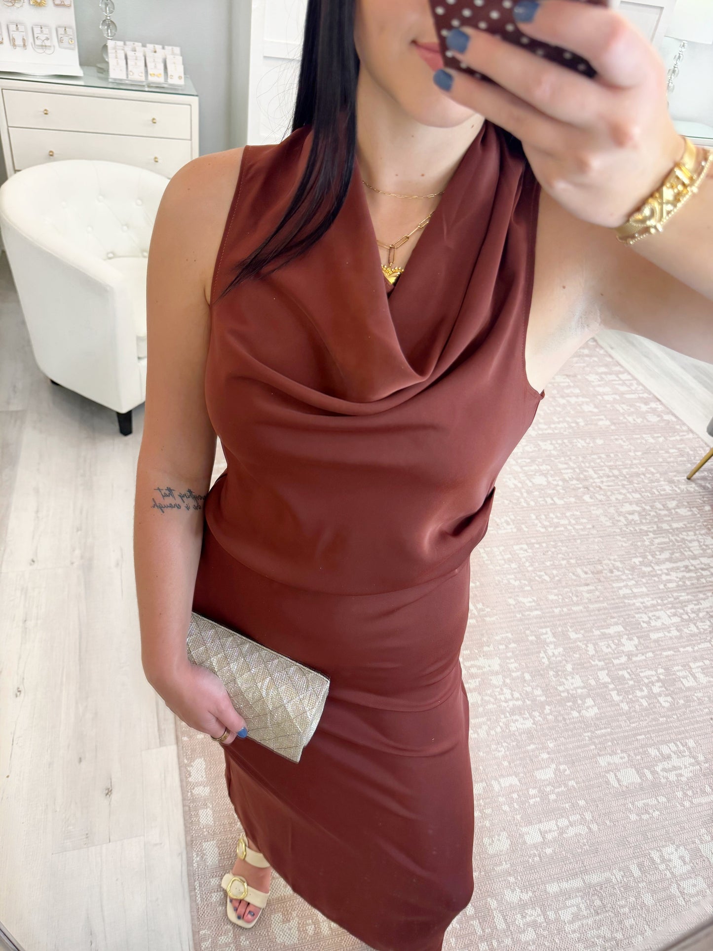 Cocktail dress, womens dress, boutique dress, long dress, wedding guest dress, sleeveless dress, cow neck dress, brown dress, fall dress, family picture dress