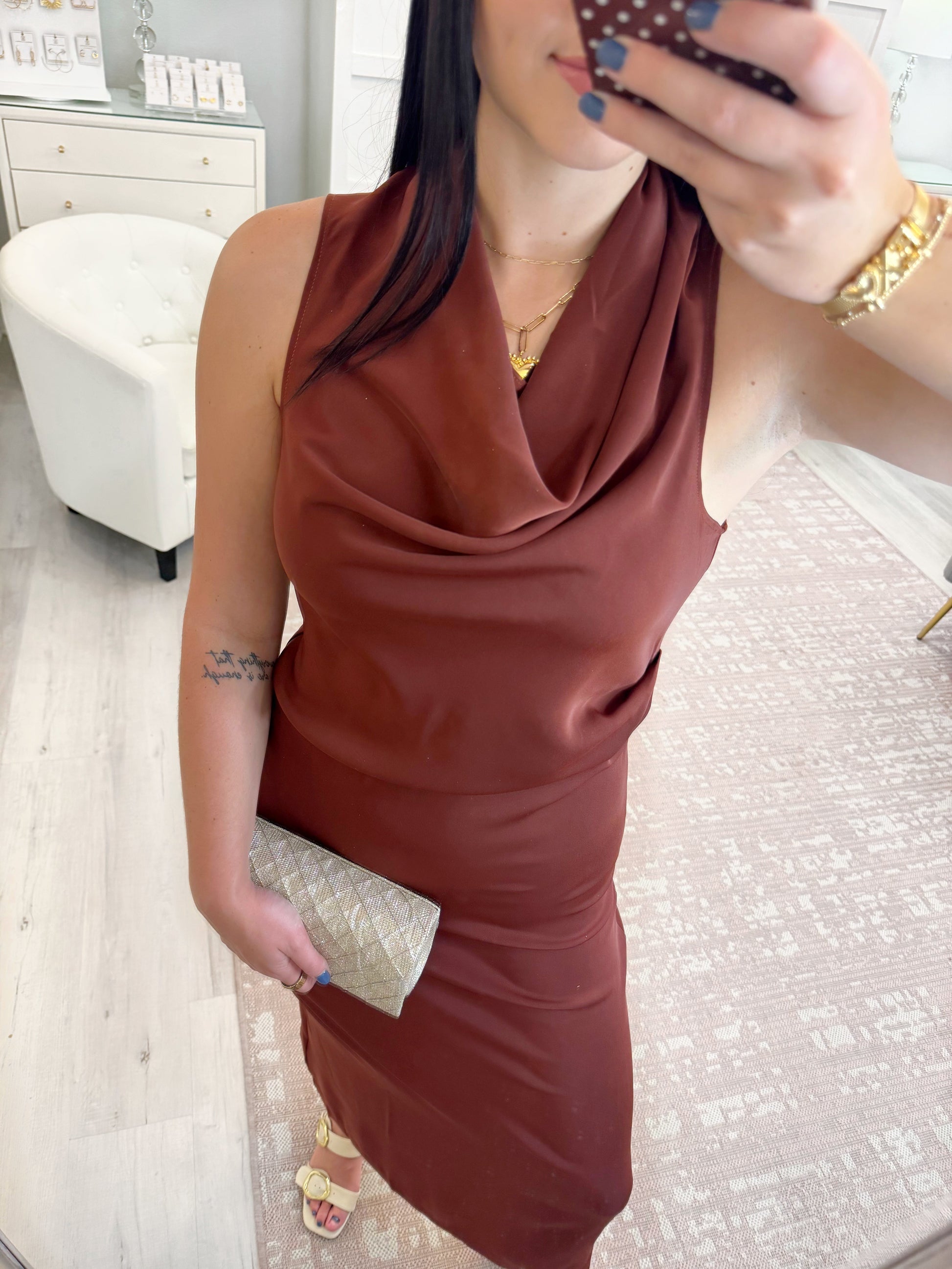 Cocktail dress, womens dress, boutique dress, long dress, wedding guest dress, sleeveless dress, cow neck dress, brown dress, fall dress, family picture dress