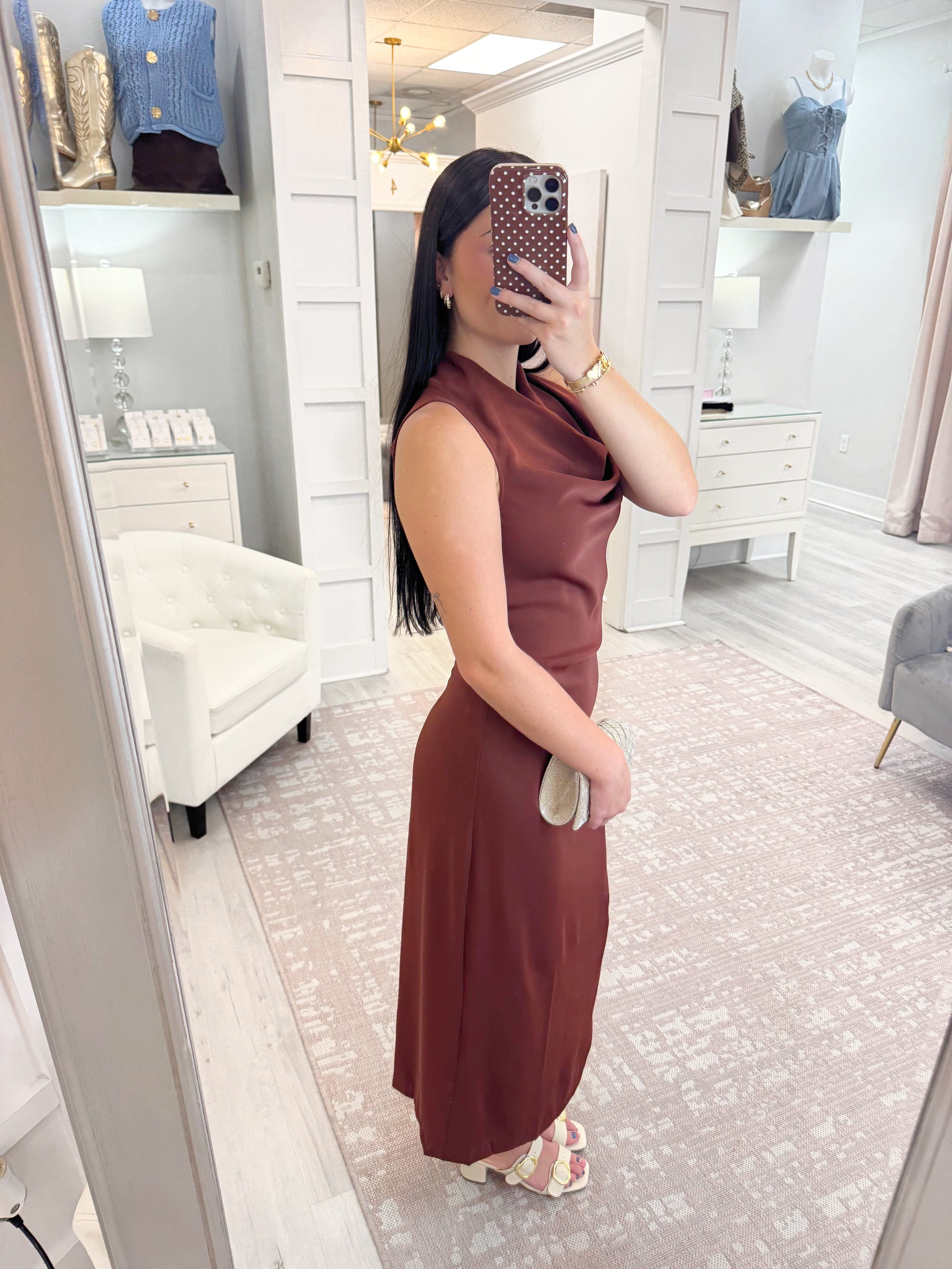 Cocktail dress, womens dress, boutique dress, long dress, wedding guest dress, sleeveless dress, cow neck dress, brown dress, fall dress, family picture dress