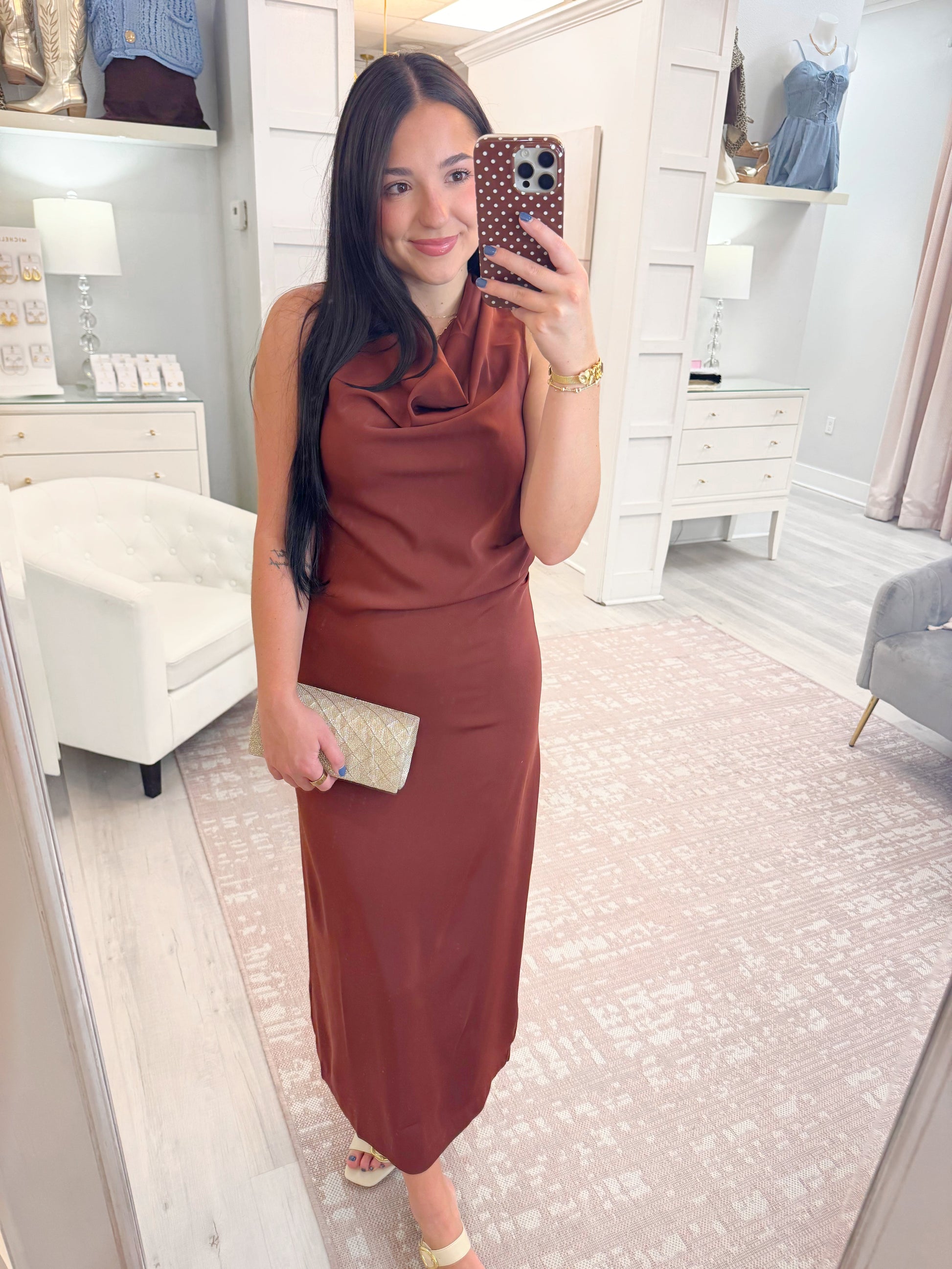 Cocktail dress, womens dress, boutique dress, long dress, wedding guest dress, sleeveless dress, cow neck dress, brown dress, fall dress, family picture dress