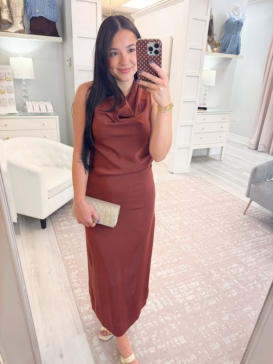 Cocktail dress, womens dress, boutique dress, long dress, wedding guest dress, sleeveless dress, cow neck dress, brown dress, fall dress, family picture dress