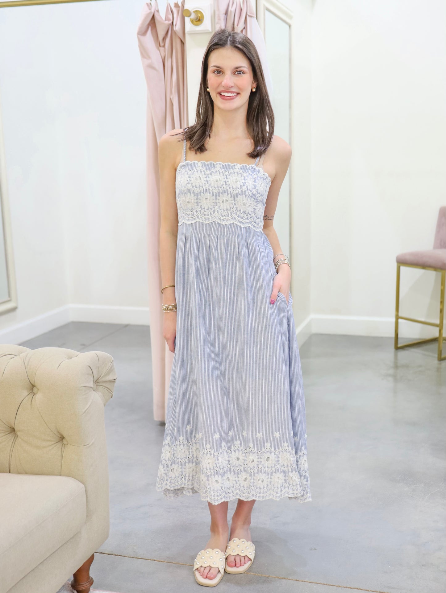 Jenny Embroidered Pin Stripe Midi Dress