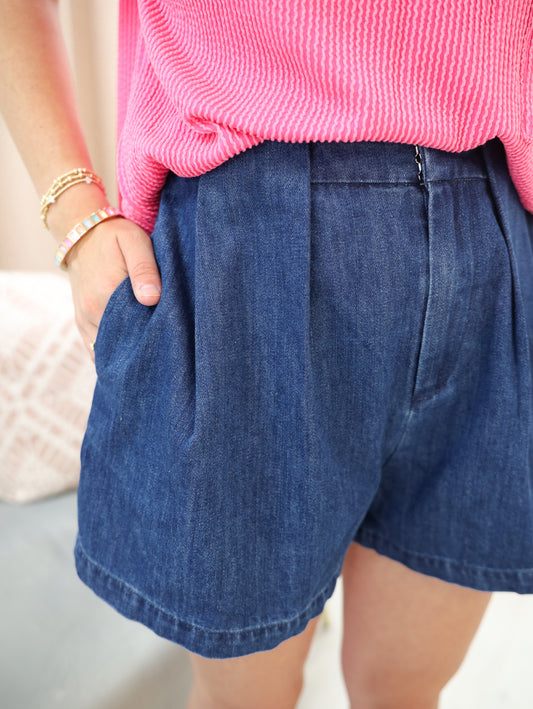 Pleated Denim Shorts
