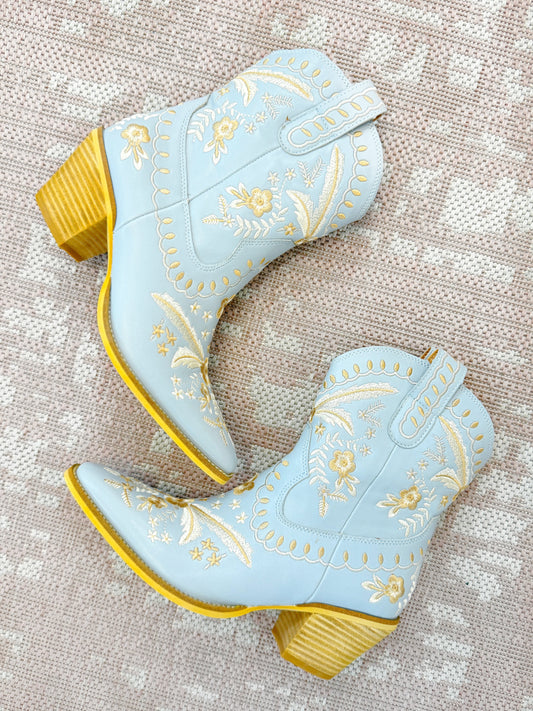 Cowgirl boots, blue cowgirl boots, embroidered boots, concert boots, game-day boots