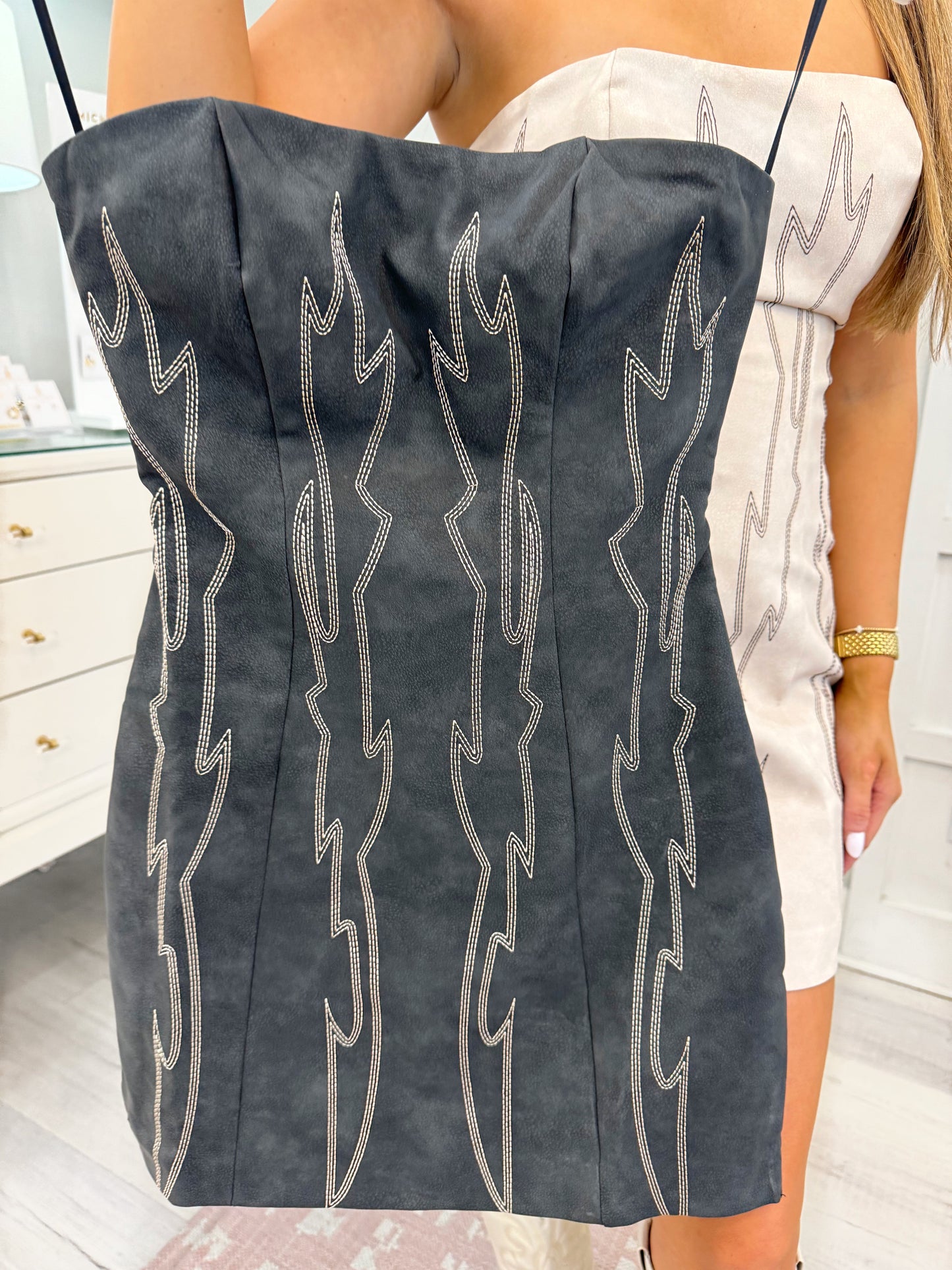 Women's dress, cream dress, black dress, western dress, country concert dress, strapless embroidered dress, embroidered western dress, flattering dress, women's flattering country dress, country concert dress