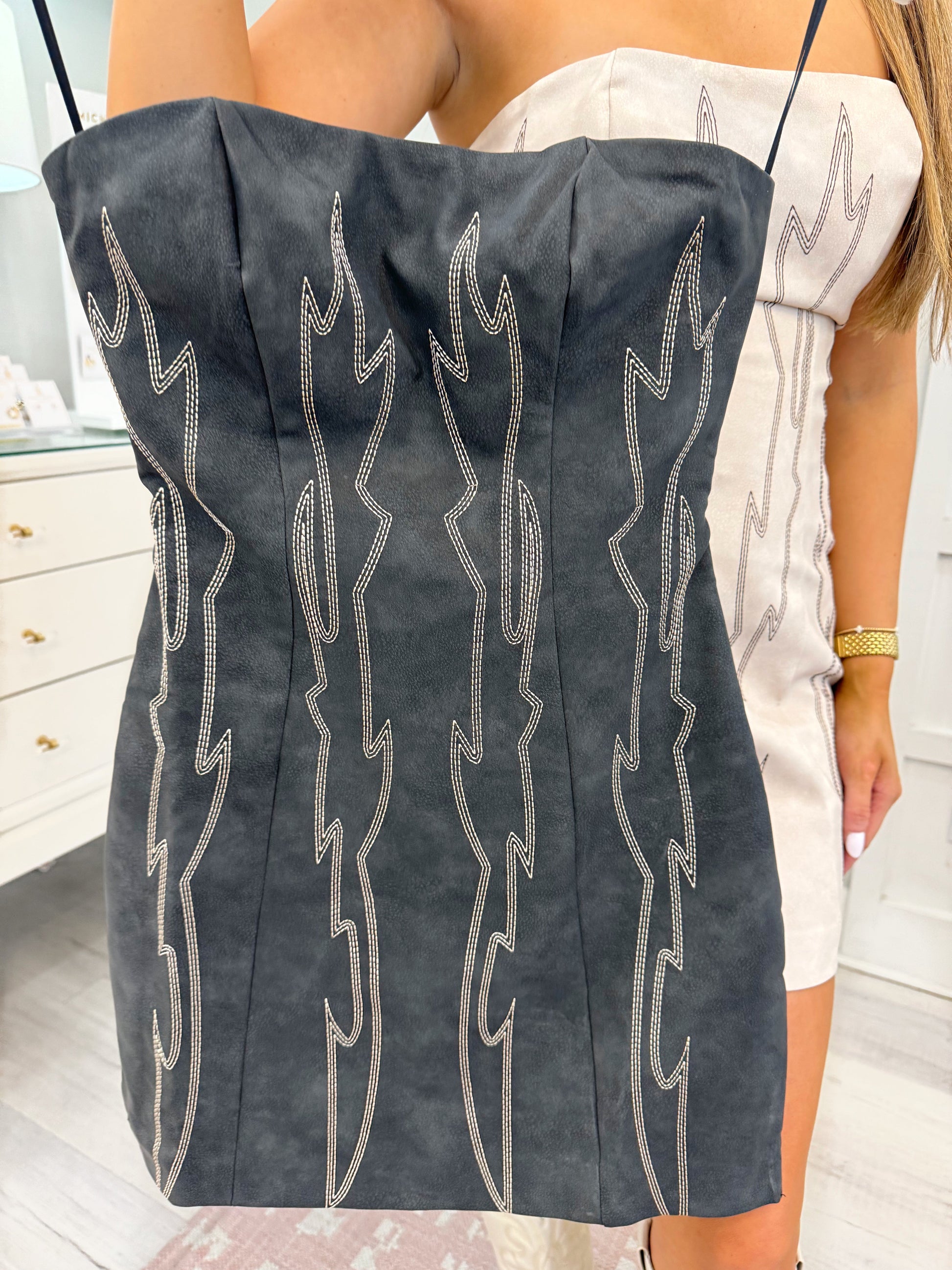 Women's dress, cream dress, black dress, western dress, country concert dress, strapless embroidered dress, embroidered western dress, flattering dress, women's flattering country dress, country concert dress