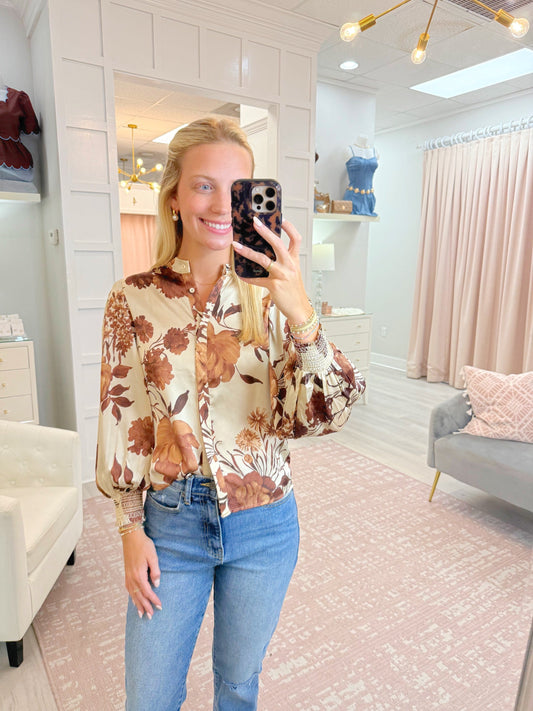 floral shirt, fall top, work top, brown top
