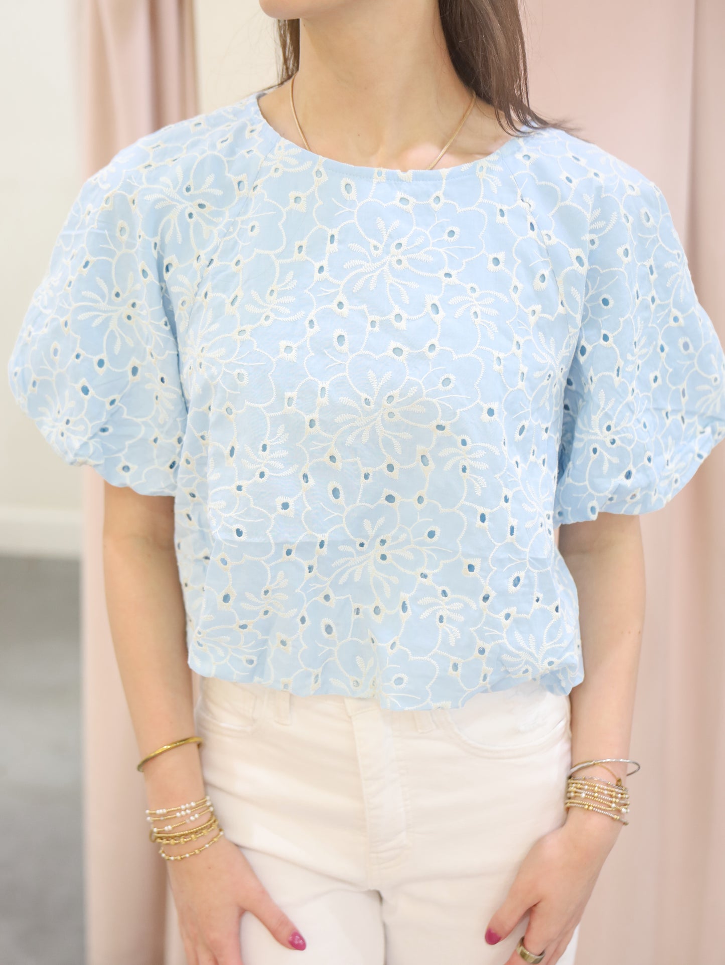 Mia Eyelet Bubble Sleeve Blouse