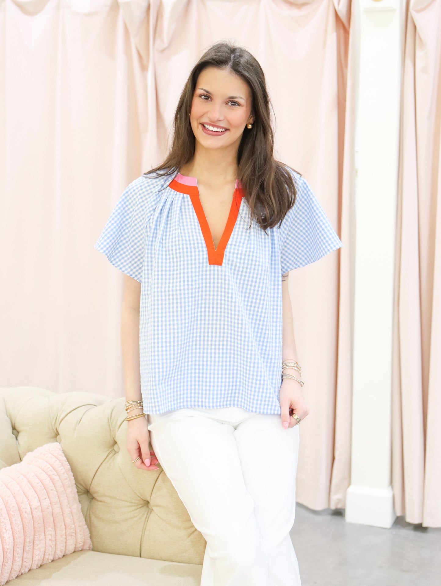 Gingham Contrast Collar Top