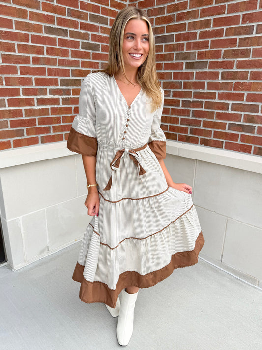 Striped Contrast Trim Midi Dress