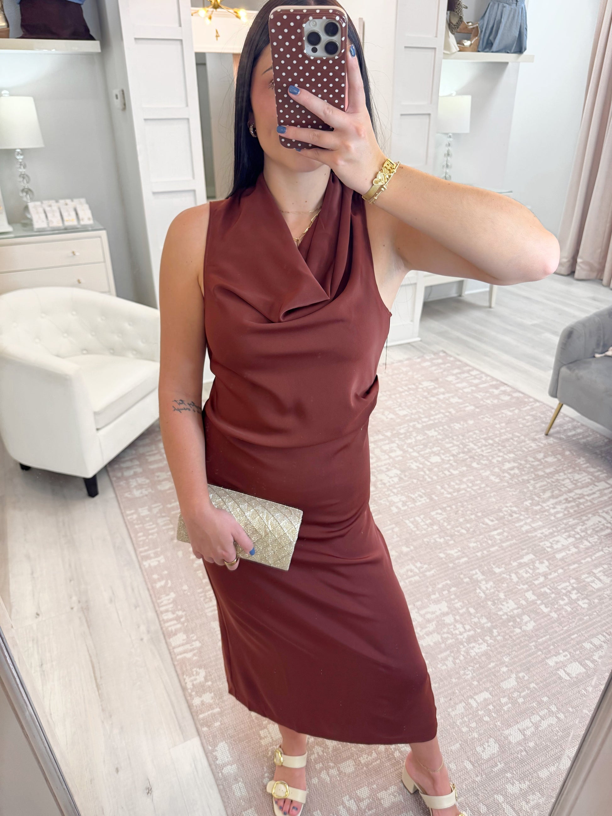 Cocktail dress, womens dress, boutique dress, long dress, wedding guest dress, sleeveless dress, cow neck dress, brown dress, fall dress, family picture dress