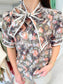 Floral Puff Sleeve Tie Neck Top