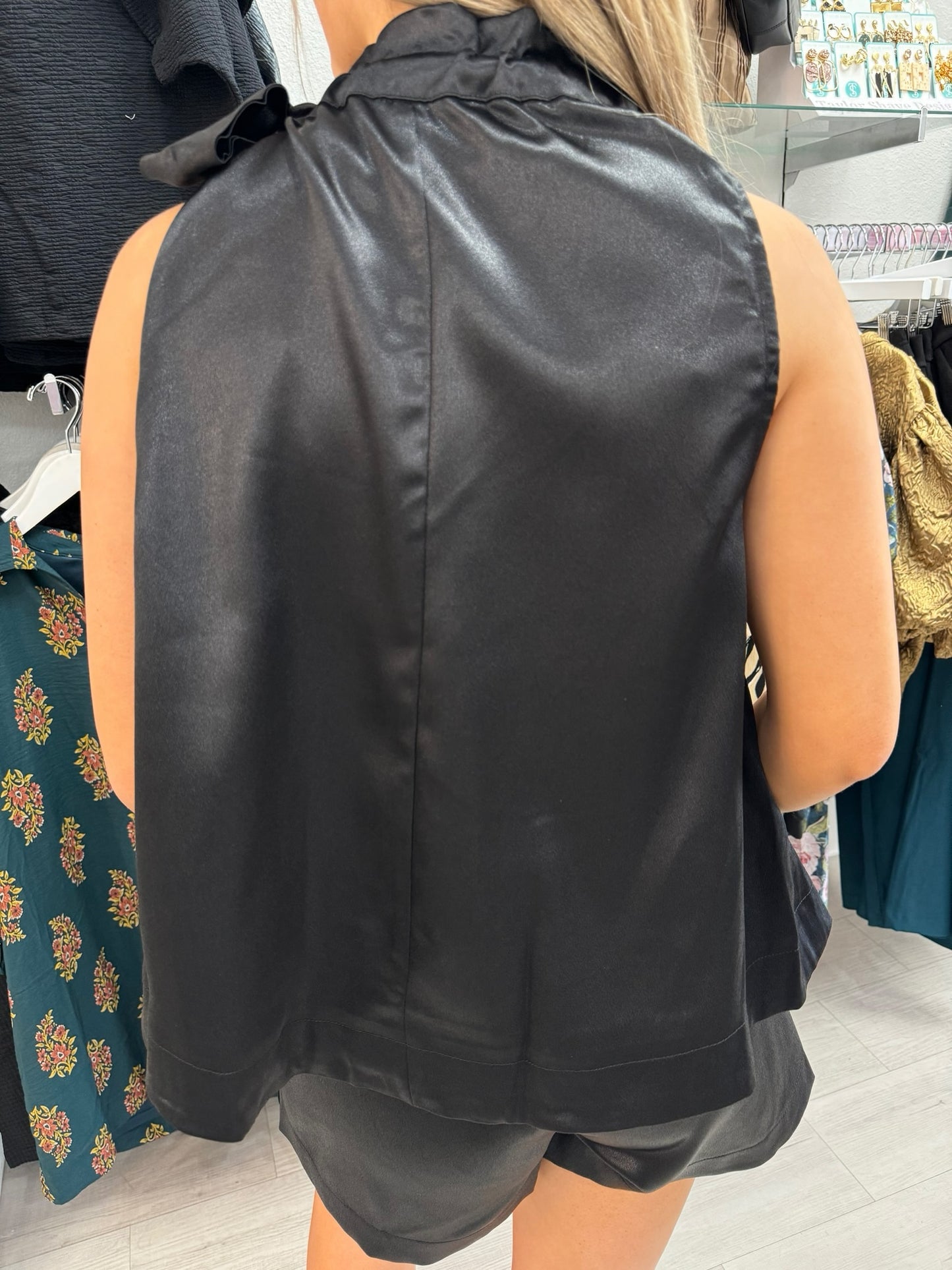 Ruffle Neck Tie Sleeveless Top