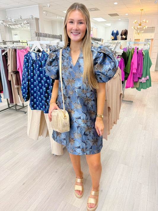 Ruffle V-neck Puff Sleeve Dress